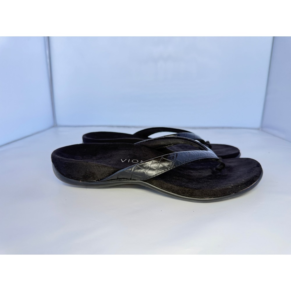 Vionic Roxana Black Croc Embossed Leather Orthotic Thong Sandals Women's 9M